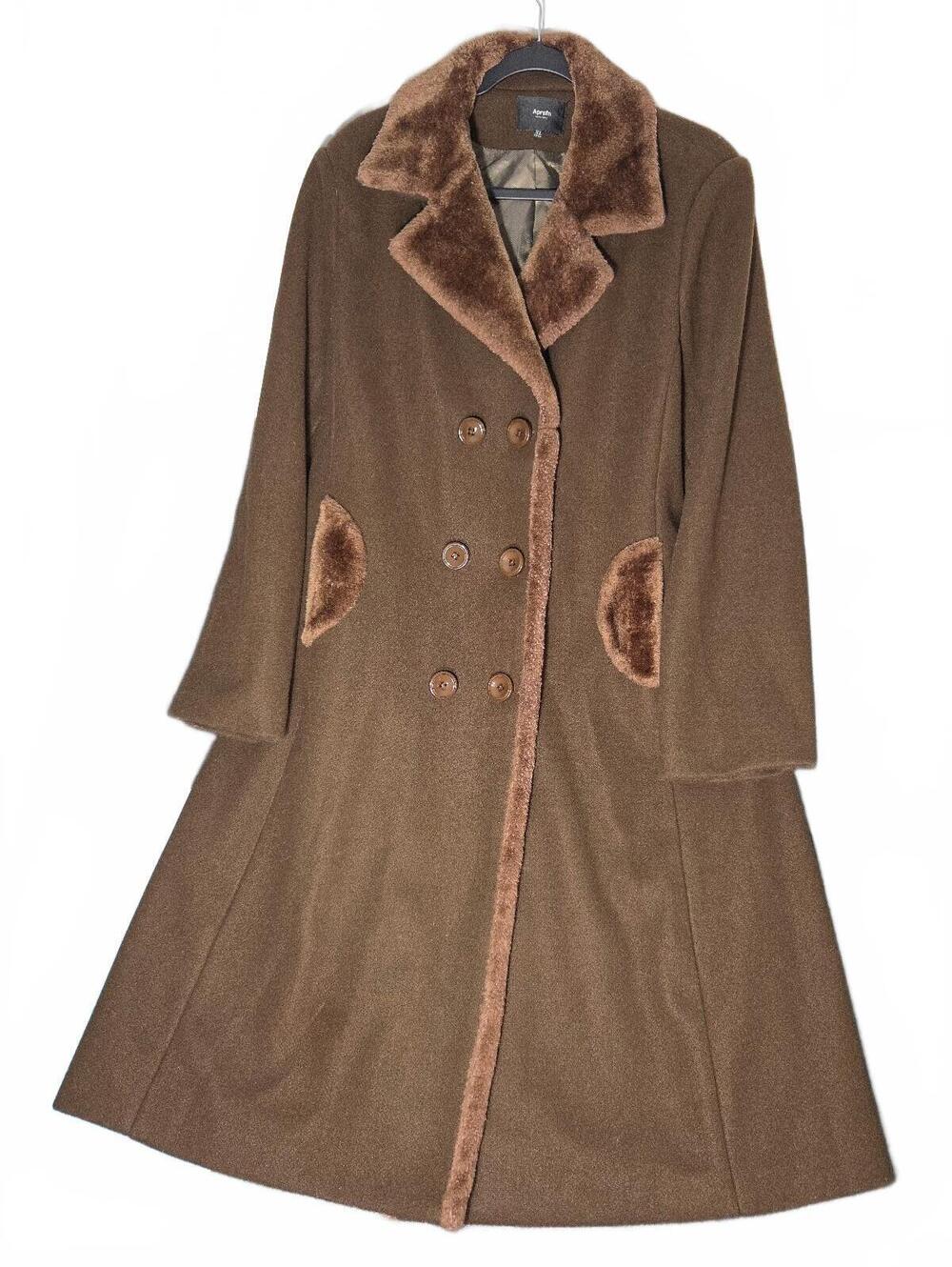 Aprsfn Classic Fashion Brown Faux Fur Trim Wool Blend Long Coat XL